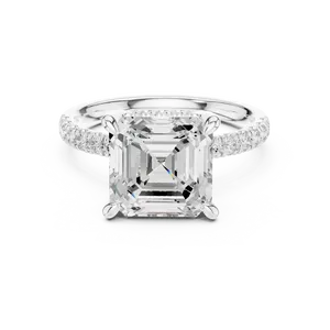 Anillo de compromiso unisex con diamante sintético redondo de 4.00 ct, engaste Asscher, oro macizo de 18k, banda con halo oculto, autenticado por IGI. - Product Image 1