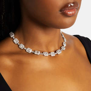 Luxury Emerald Cut Moissanite Tennis Necklace 925 Sterling <b>Silver</b> Halo Diamond Tennis <b>Choker</b> Necklace for Women - Product Image 1