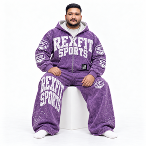 Ensemble assorti violet délavé avec veste zippée et pantalon large décontracté, survêtement unisexe personnalisé en polaire respirante pour l'hiver, style streetwear - Product Image 1