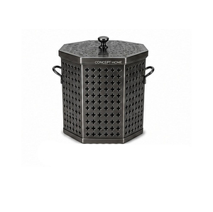 Waste <b>Bin</b> Black Metal Cylindrical Outdoor Dust <b>Bin</b> with <b>Lid</b> Geometric Pattern Minimalist Style Indoor Outdoor Use - Product Image 4