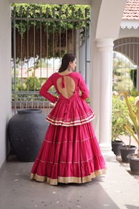 Ensemble Lehenga Choli en coton crème, robe plissée à plusieurs niveaux et chemisier, pour mariage, fête, Diwali - Product Image 5