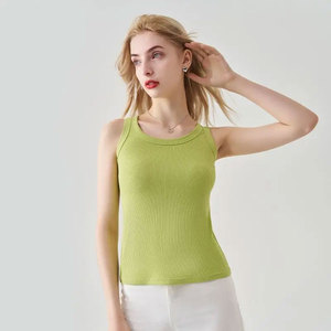 Women Solid O-Neck Ribbed Tank <b>Top</b> Summer Basic Elastic Sleeveless Crop <b>Tops</b> Silk/Cotton Satin Eco-Friendly Front Logo - Product Image 2