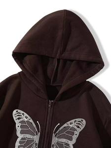 เสื้อฮู้ดซิป Y2K ประดับเพชรลายผีเสื้อ ทรงโอเวอร์ไซส์ สีน้ำตาลวินเทจ ผ้าฟลีซ พิมพ์ลายกราฟิก ซิปยาวเต็มตัว สไตล์สตรีทแวร์ - Product Image 3