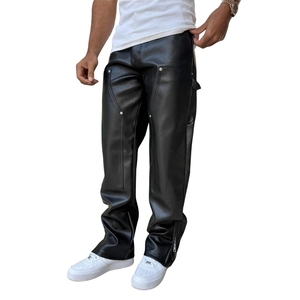 Pantalon de travail pour homme en cuir véritable noir, coupe droite, robuste, en cuir de vachette, avec poches latérales - Product Image 2