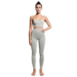 Seamless <b>Yoga</b> <b>Set</b> 2 Piece High Waist Crop Top Full Length Leggings Solid Color Strap V Neck Sport Wear for Women - Product Image 1