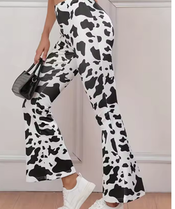 Hardhoodi Interination Women High Waist <b>Cow</b> <b>Print</b> <b>Flare</b> Pants Elastic Waist Full Length Sporty Trousers with Pockets All Seasons - Product Image 4