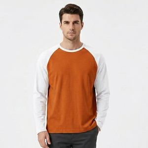 Men's Raglan Sleeve Short Sleeve T-Shirt Front Logo Orange <b>White</b> Contrast Color Blocked Casual O-Neck Jersey Cotton Regular Fit - Product Image 1