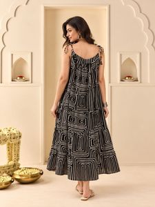Geometric Print Spaghetti Strap Midi <b>Dress</b> A-Line Tiered Viscose Casual <b>Summer</b> <b>Dress</b> Breathable <b>Loose</b> Fit - Product Image 3