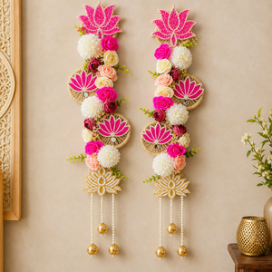 Pink Lotus Floral Wall Hanging Pair Pearl Tassel Door Toran Wedding Festival <b>Mandir</b> Home Decor Gift Item for Pooja Event - Product Image 3