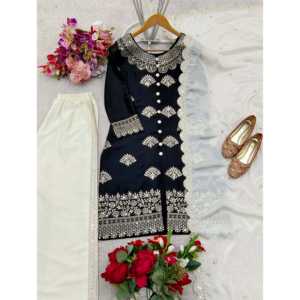 Conjunto de ropa de fiesta de diseñador para mujer con adornos de trabajo de secuencia Plazzo y Dupatta - Product Image 1