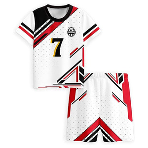Kids Soccer Uniform Set - White Red Black Geometric Print Jersey Shorts Sublimated 100% Polyester Breathable Crew Neck - Product Image 1