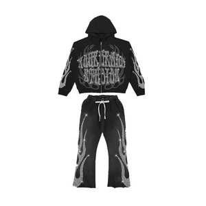 Pantalones de chándal acampanados con capucha para hombre, estilo urbano, de invierno, extragrandes, personalizados con pedrería brillante, 100% algodón, conjunto de chándal frontal. - Product Image 2