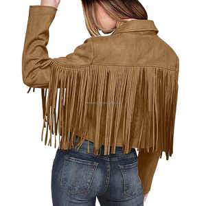 Kaki Vintage daim cuir frange gland culture femmes Boho Western Cowboy Style ouvert avant manteau manches longues respirant Viscose - Product Image 6