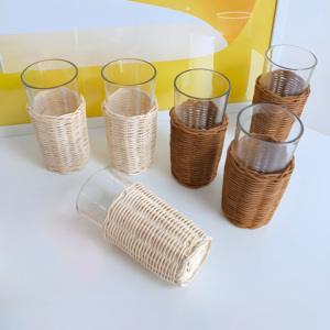 Water Cup Glass Pitchers Rattan <b>Wrapped</b> Drink Tumbler Woven Pitcher Cups Holder Drinkware Housewarming Gifts - Product Image 1