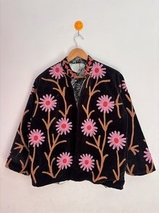 Vestidos Casuales Suzani Vintage de Terciopelo con Bordado Floral, Chaqueta con Cuello Mandarín, Corte Holgado, Manga Larga, Primavera Verano, Natural - Product Image 1