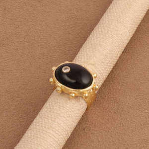 <b>Gold</b> Plated Brass <b>Cocktail</b> <b>Ring</b> With Black Onyx Oval Stone And Crystal Bezel Setting Vintage Style Unisex Jewelry - Product Image 4