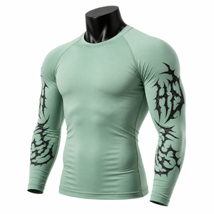 <b>Men's</b> Full Sleeve Compression Rash Guard Green Black Tribal Print Quick Dry UPF50+ Breathable <b>Swim</b> Shirt Adult Surf <b>Top</b> - Product Image 3