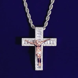 Iced Out Cross Pendant For Men With Rose Gold Jesus Figure And Clear Stones In Luxury Hip Hop Jewellery Style - Product Image 1