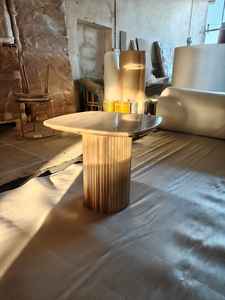 NORDICA OVAL SIDE <b>TABLE</b> with TRAVERTINE <b>TOP</b> SOFE in <b>OAK</b> WOOD European Design Durable & Eco-Friendly for Home Office Living Room - Product Image 5