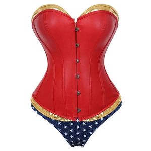 Corset en cuir PU rouge avec garniture dorée et motif étoile, culotte gainante pour femme, bustier à maintien ferme - Product Image 3