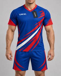 CLAW INTL ชุดเสื้อฟุตบอลชายแขนสั้นคอวีสีน้ำเงินสีแดงพิมพ์ลายเรขาคณิตชุดฤดูร้อน - Product Image 1