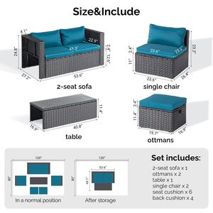 Juego de Muebles de Jardín de 2 Piezas con Cojines Negros de Ratán PEACOCK GREEN, 2 Reposapiés, 1 Sofá Doble y 1 Mesa de Centro con Almacenamiento - Product Image 3