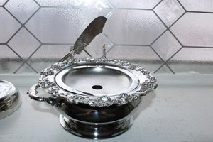 Antique Silverplate Round Butter Cheese Dish with Knife EG Webster Grape Pattern - Product Image 2