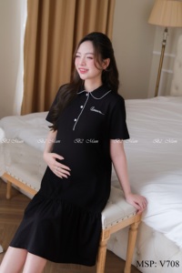 Vestido de Maternidad V708 Antiencogimiento, Absorbente de Sudor, Algodón Suave, Buena Absorción, Ropa Casual con Bordado de Lazo, Buena Elección para el Verano - Product Image 4