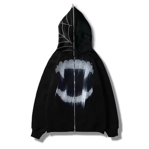 Sudadera con capucha y cremallera extragrande, ecológica y personalizada, estilo grunge, informal, 100% algodón, con gráficos de telaraña de araña y dientes con pedrería, para hombre y mujer - Product Image 3