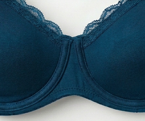 Soutien-gorge pour femme bleu sarcelle à armatures, bonnet complet, bretelles réglables, bordure en dentelle, dos en Y, fermeture à trois agrafes, respirant, en Spandex et Nylon - Product Image 6