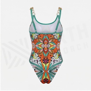 Traje de Baño de Una Pieza para Mujer con Estampado Floral, Cuello Redondo, Spandex, Poliéster Elástico, Ribete en Contraste, Decoración con Pedrería - Product Image 2