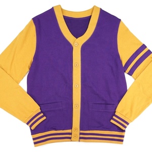 Cárdigan de Punto Personalizado para Hombre en Color Oro Viejo y Parpal con Ribete Morado en las Mangas, Botones Forrados en Lana/Acrílico, Prenda de Invierno - Product Image 1