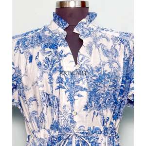 Nuevo Vestido Moderno Estilo Boho Indio con Estampado Floral, de Algodón Tejido, Corte en A, Cuello en V, Manga Corta, con Botones, Transpirable, para Oficina, Fiesta, Mini - Product Image 3