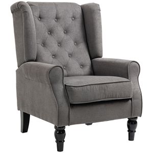 Poltrona Girevole Grigio Scuro con Schienale Alto e Bottoni Trapuntati, Braccioli e Gambe in Legno per Soggiorno o Bar - Product Image 1
