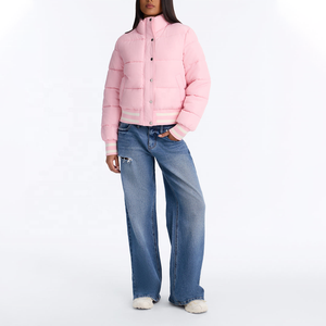 <b>Women's</b> Winter <b>Pink</b> Quilted <b>Jacket</b> Stand Collar Full Sleeve Thick Polyester Wadding Solid Color Button Closure Short <b>Jacket</b> - Product Image 4