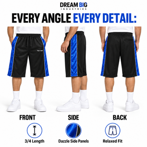 Shorts 3/4 personnalisés pour hommes en polyester noir et bleu, taille élastique avec cordon de serrage, panneaux latéraux et poches avec passepoil argenté, vente en gros de vêtements - Product Image 1