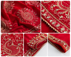 CHOHAN TEXTILE <b>Red</b> Moonga Silk <b>Saree</b>-Vintage Style Floor-Length Bridal Party Wear Hand Embroidery Zari Border Wrinkle-Free - Product Image 4