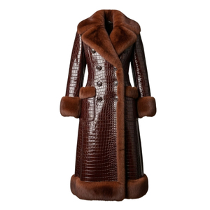 Unisex Long Real Leather Breathable Windproof Trench <b>Coat</b> Fur Trim Belted Warm <b>Winter</b> Outerwear Solid Color Elegant Style Full - Product Image 5