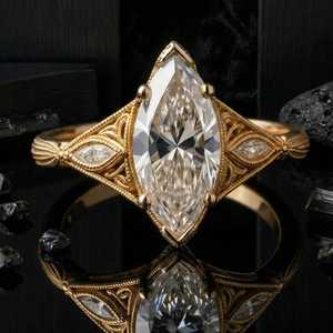 Anillo de halo Art Déco con diamante marquesa de 2 quilates cultivado en laboratorio, estilo vintage, plata 925, para regalo nupcial, para fiestas de aniversario, amuleto. - Product Image 4