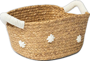 Panier de rangement rond tressé avec décor floral blanc, fait main, style bohème, organisateur pour salon, artisanat en fibres naturelles - Product Image 4