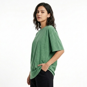 Camiseta de Algodón Verde Sólido para Hombre, Corte Regular, Manga Corta, Cuello Redondo, Informal, Tejido de Punto Liso Teñido, Secado Rápido, 230g - Product Image 2