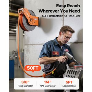 Avvolgitubo Ibrido per Compressore d'Aria con Riavvolgimento Automatico da 3/8 Pollici x 50 Piedi, 300 PSI Max, con Cavo di Alimentazione Retrattile da 5 Piedi e Cricchetti ad Aria - Product Image 2