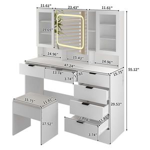 Large LED Lighted Mirror Vanity Table Set with Charging Station Makeup Desk with Glass Doors and Drawers for <b>Dressing</b> - Product Image 1