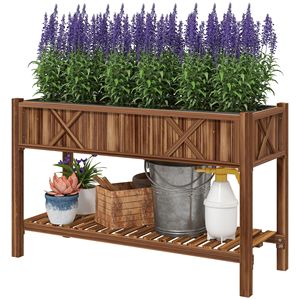 Fioriera Rialzata in Legno 47 x 22 x 31.5 pollici con Ripiano Portaoggetti, Fori di Drenaggio, Rivestimento e Accessori per Cesti Sospesi Carbonizzati - Product Image 1