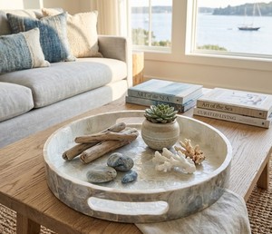 Handmade Round Mother of Pearl Decorative Serving Tray for <b>Coffee</b> <b>Table</b> Coastal Farmhouse Home Decor Accent from Vietnam - Product Image 5