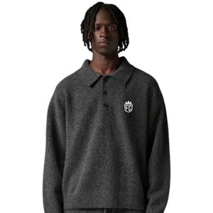 Men Knit Long Sleeve Polo Sweater Charcoal Soft Textured Button Collar Pullover Casual Winter Top Cotton Blend OEM - Product Image 3
