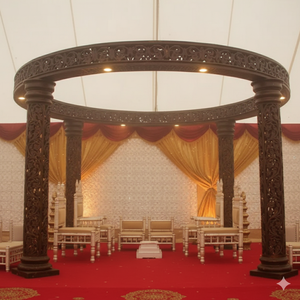 Mandap de Madera Oscura Tallado a Mano para Bodas, Toldo Tradicional Indio para Matrimonios, Decoración Circular de Cuatro Pilares para Bodas Hindúes - Product Image 1