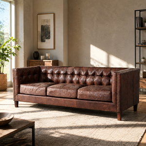 Canapé 3 places en cuir véritable de luxe, accoudoirs carrés, capitonné à la main, cuir marron, meubles de salon, design moderne - Product Image 1