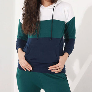 Sweat-shirt à capuche pour femme, à blocs de couleur, manches longues, en coton et fibre de bambou, tricoté, respirant, avec poches, style automne - Product Image 5