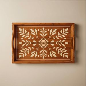 Handmade Wooden Serving Tray with Floral Print <b>Decorative</b> Rectangular Wood Tea Coffee Platter for Hotel Restaurant Home Decor - Product Image 3